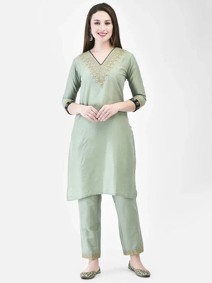 Span Green V-Neck Silk Festive Kurta