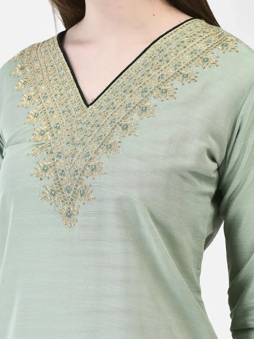 Span Green V-Neck Silk Festive Kurta