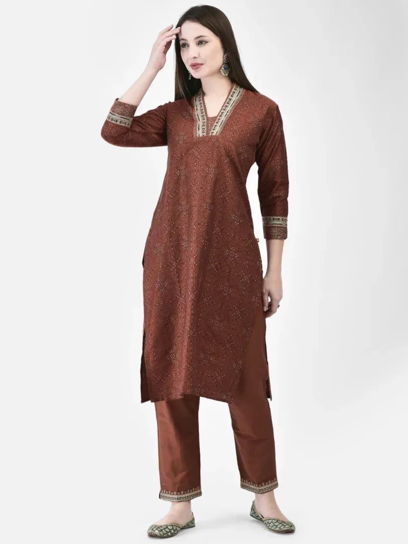 Span Maroon V-Neck Silk Kurta