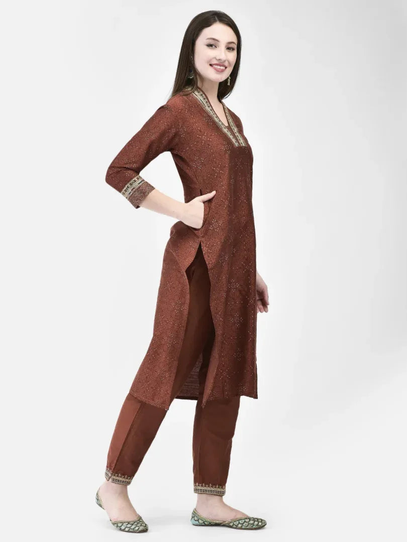 Span Maroon V-Neck Silk Kurta
