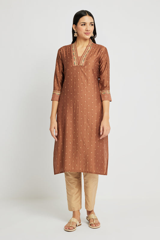 Span Brown Deep V Silk Festive Kurta