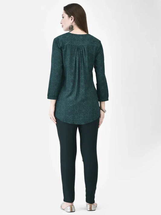 Span Green Mandarin Rayon Short Kurta