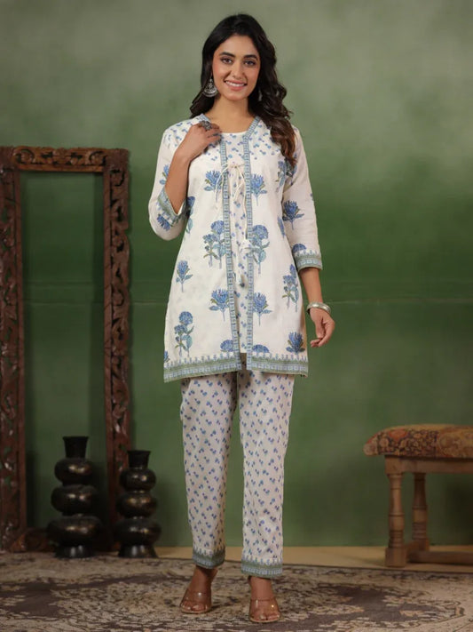 Span Ivory V-Neck Cotton Co-Ord Set (Set of 2)
