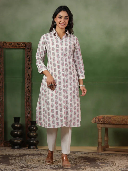Span White Collard Cotton Kurta