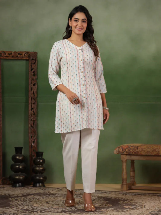 Span White V-Neck Cotton Short Kurta