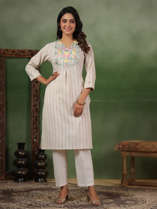 Span White V-Neck Cotton Kurta