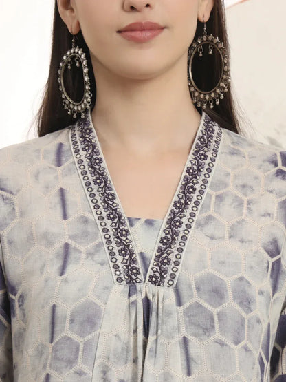Span Grey V-Neck Cotton Kurta