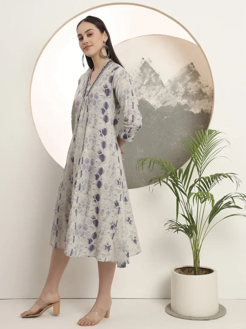 Span Grey V-Neck Cotton Kurta