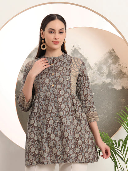 Span Brown Mandarin Cotton Short Kurta