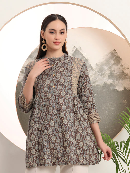 Span Brown Mandarin Cotton Short Kurta