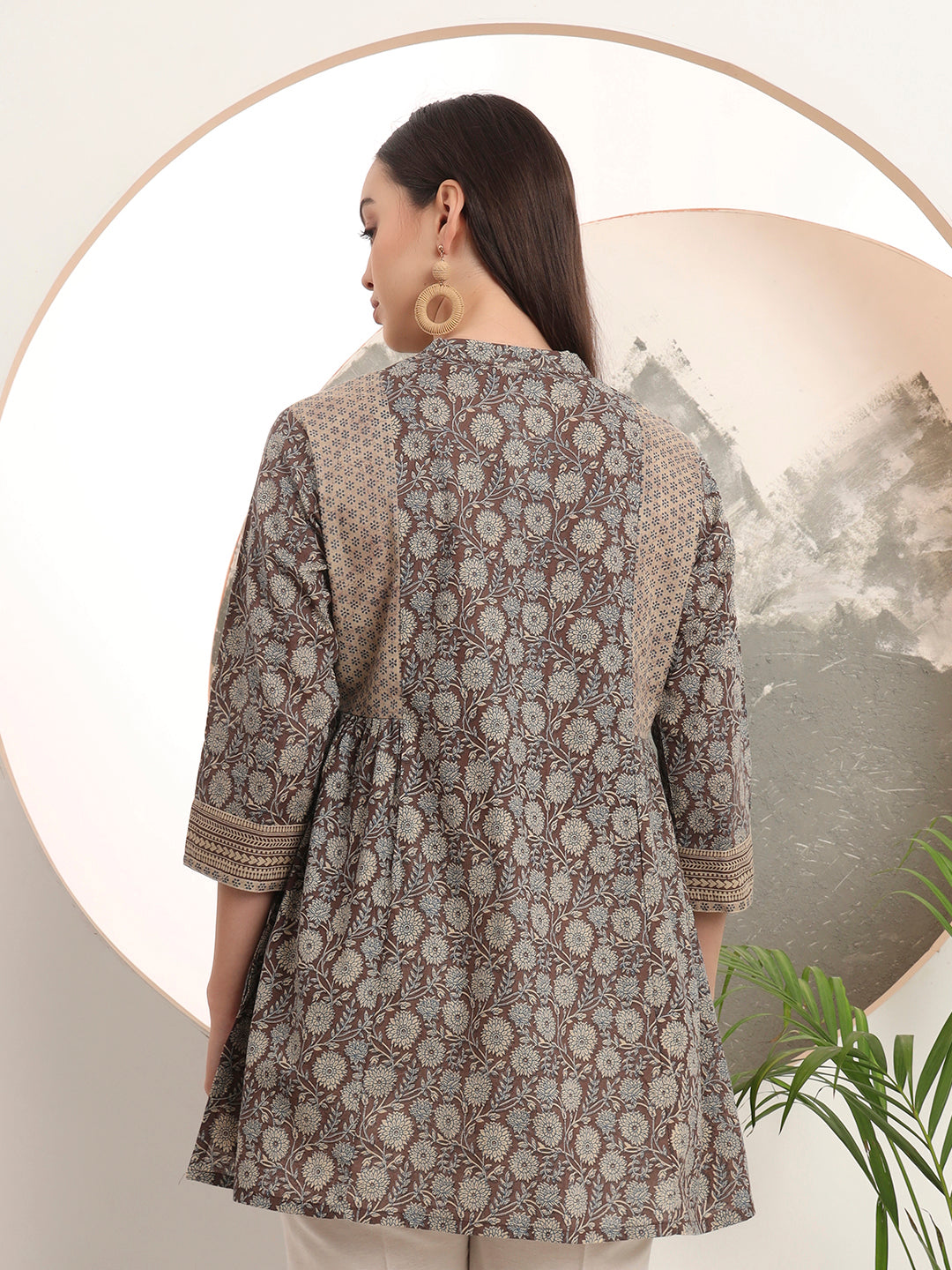 Span Brown Mandarin Cotton Short Kurta