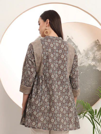 Span Brown Mandarin Cotton Short Kurta