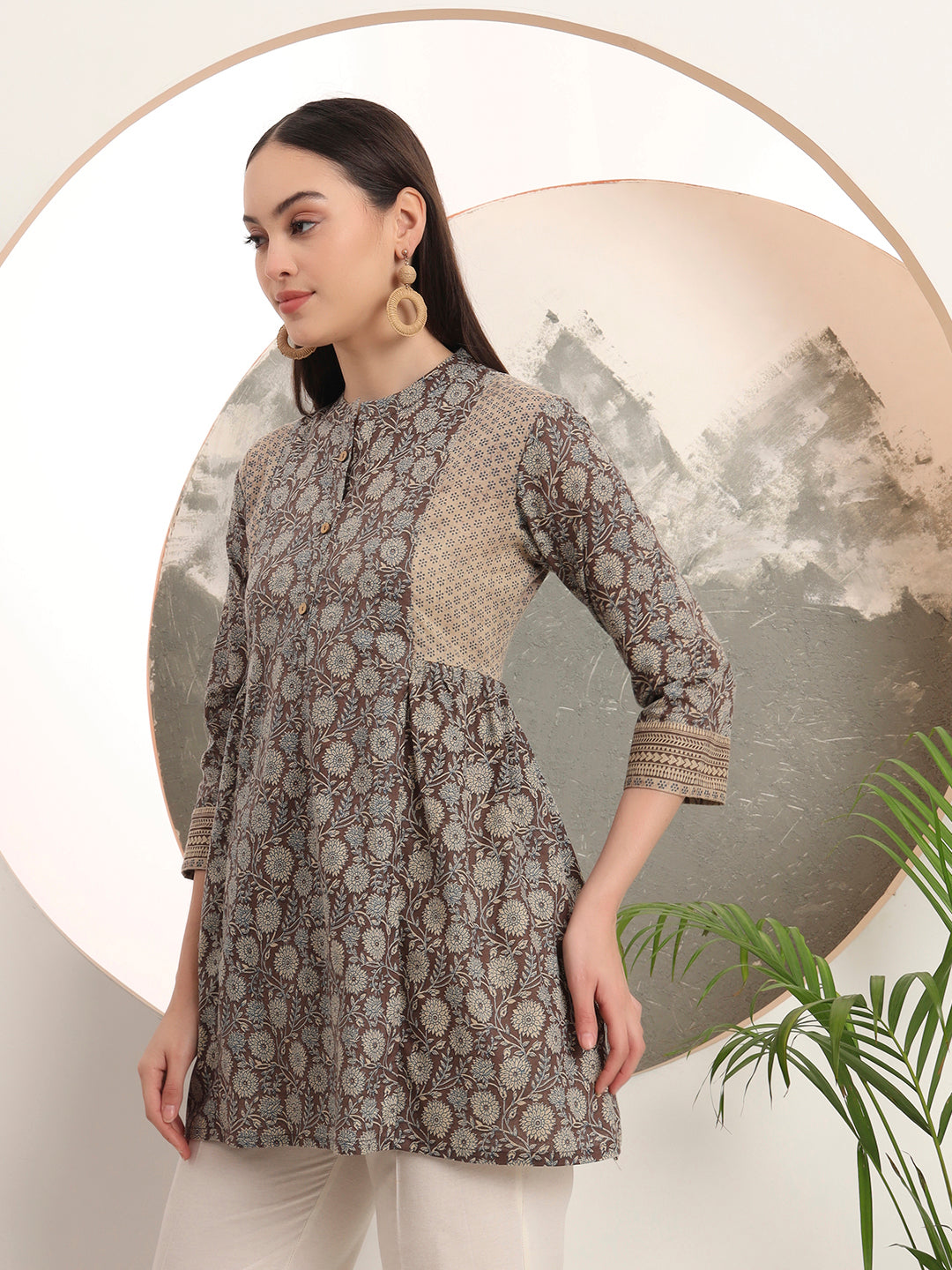 Span Brown Mandarin Cotton Short Kurta