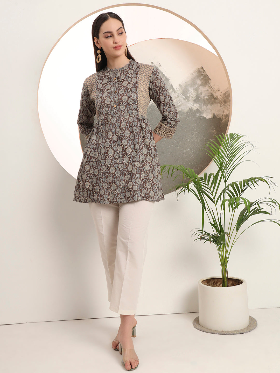 Span Brown Mandarin Cotton Short Kurta