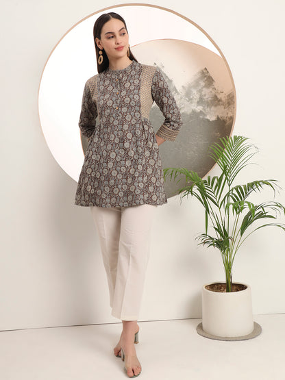 Span Brown Mandarin Cotton Short Kurta