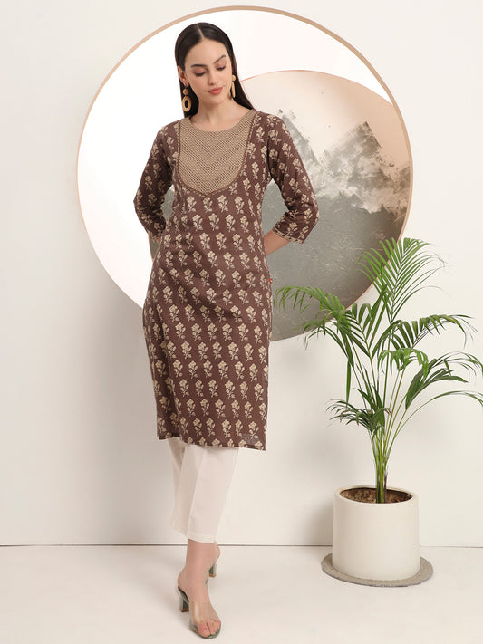 Span Brown Round Neck Cotton Kurta