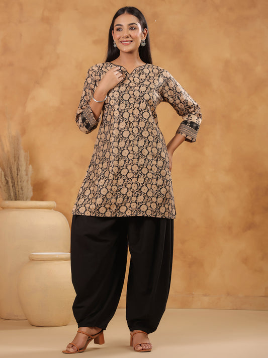 Span Black Round V neck Silk Short Kurta