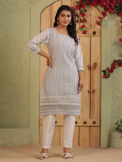 Span White Round Neck Cotton Casual Kurta