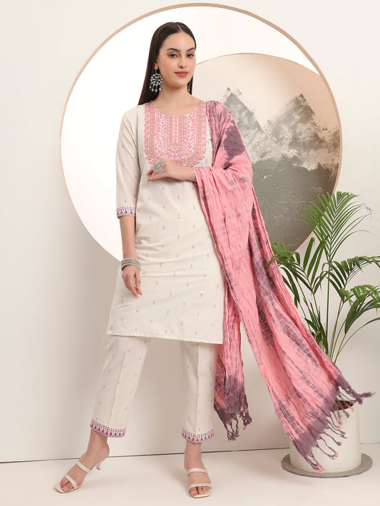 Span White Round Neck Cotton Kurta Set with Dupatta
