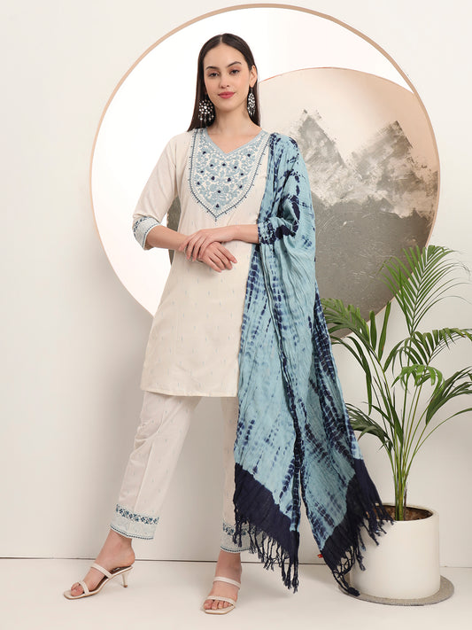 Span White V Neck Cotton Kurta Set with Dupatta