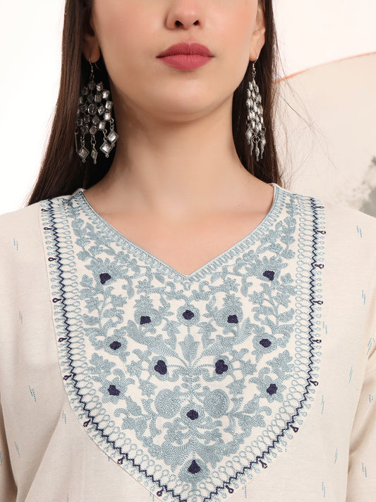 Span White V Neck Cotton Kurta Set with Dupatta