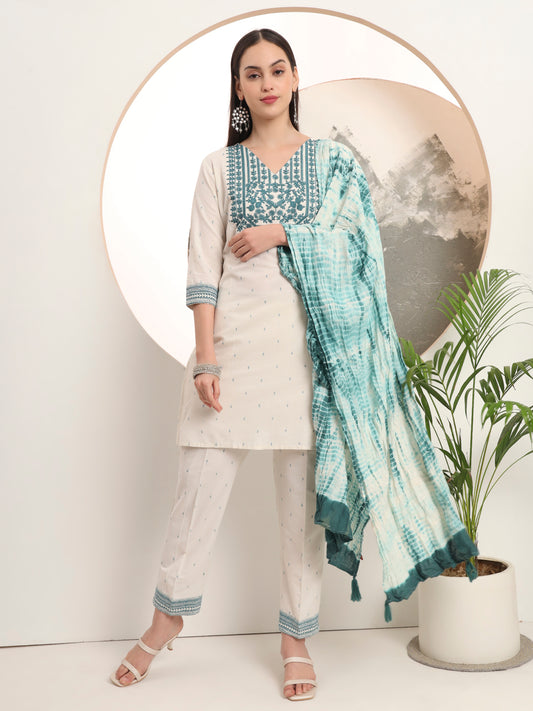 Span White V Neck Cotton Kurta Set with Dupatta