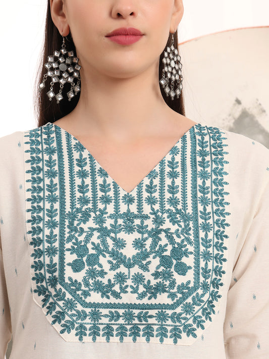 Span White V Neck Cotton Kurta Set with Dupatta