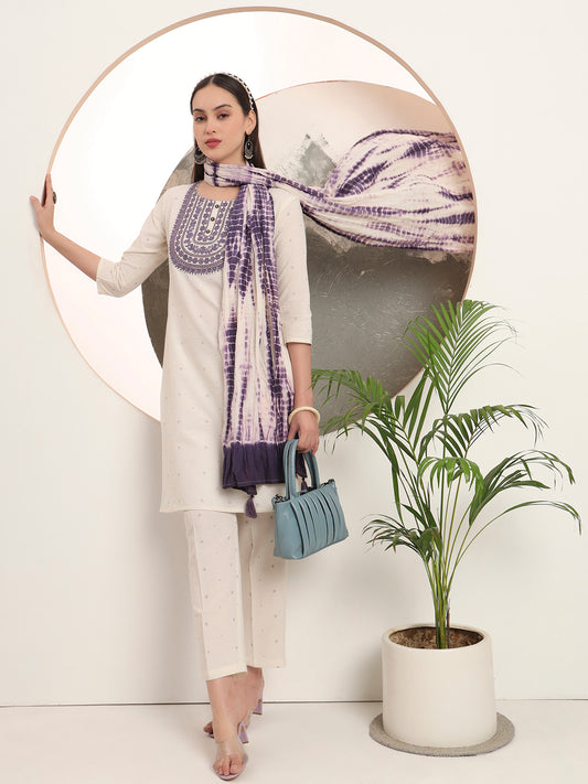 Span White Round Neck Cotton Kurta Set with Dupatta