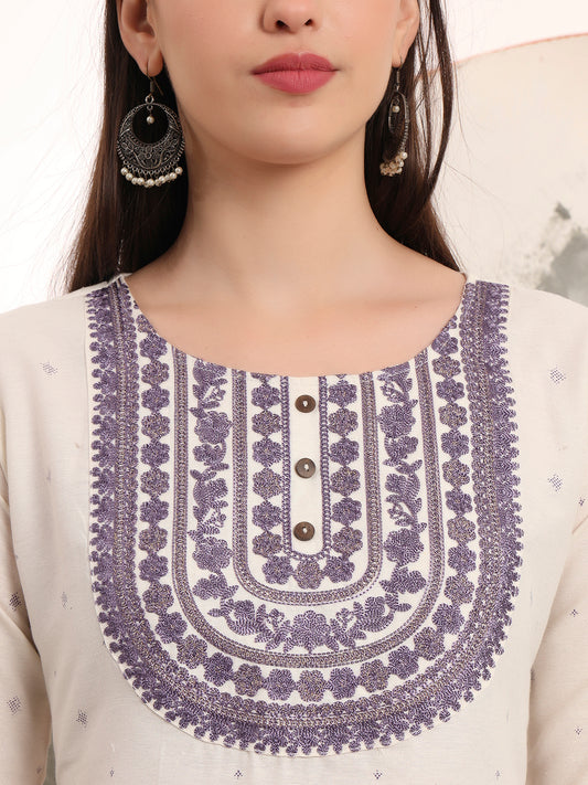 Span White Round Neck Cotton Kurta Set with Dupatta