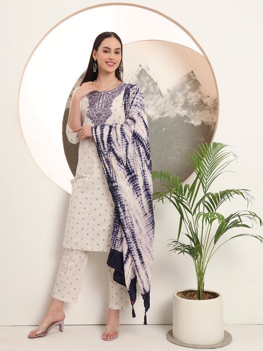 Span White Round Neck Cotton Kurta Set with Dupatta