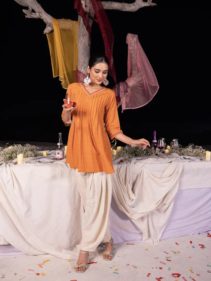 Span Orange V-Neck Rayon Short Kurta