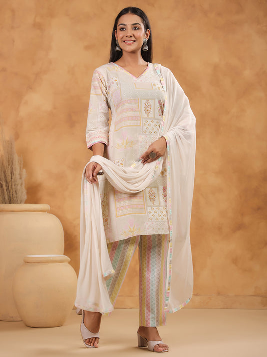 Span Ivory V Neck Cotton Kurta Set with Dupatta