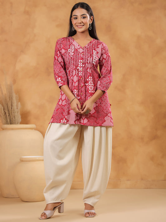 Span Pink V Neck Cotton Short Kurta