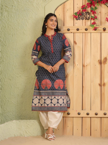 Span Blue Mandarin Neck Cotton Kurta