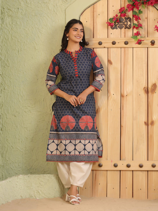 Span Blue Mandarin Neck Cotton Kurta