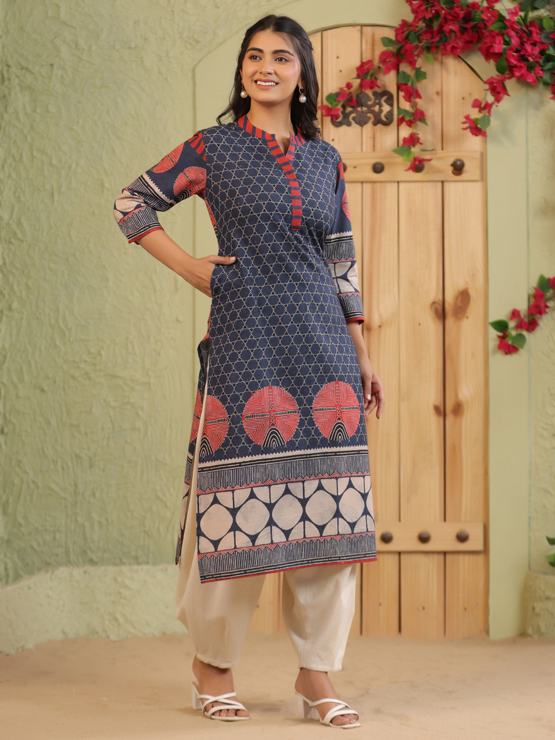 Span Blue Mandarin Neck Cotton Kurta