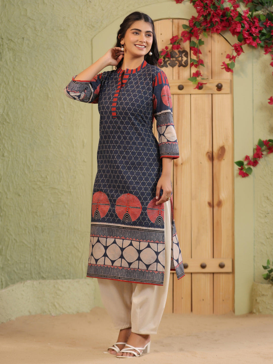 Span Blue Mandarin Neck Cotton Kurta