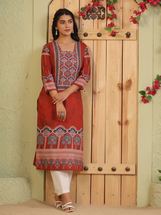 Span Burgundy Square Neck Cotton Kurta
