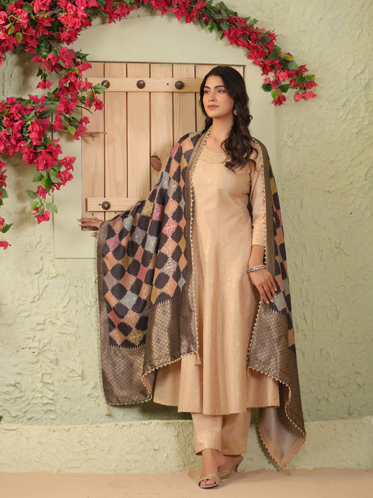 Span Beige Round Neck Silk Kurta Set with Dupatta
