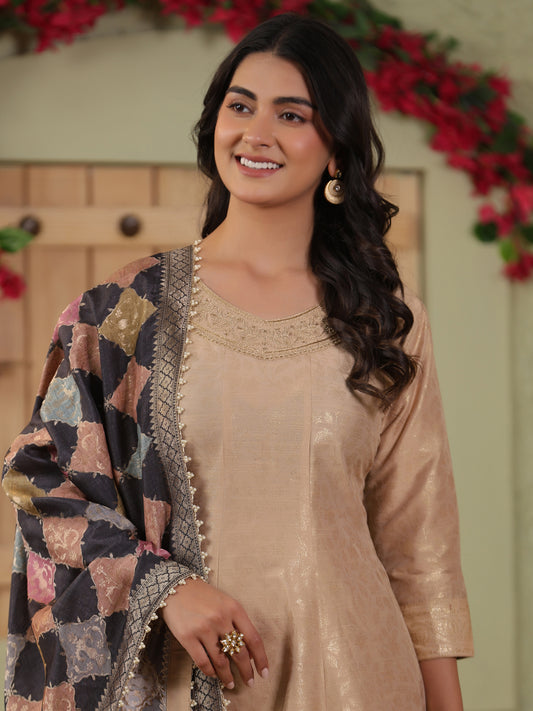 Span Beige Round Neck Silk Kurta Set with Dupatta
