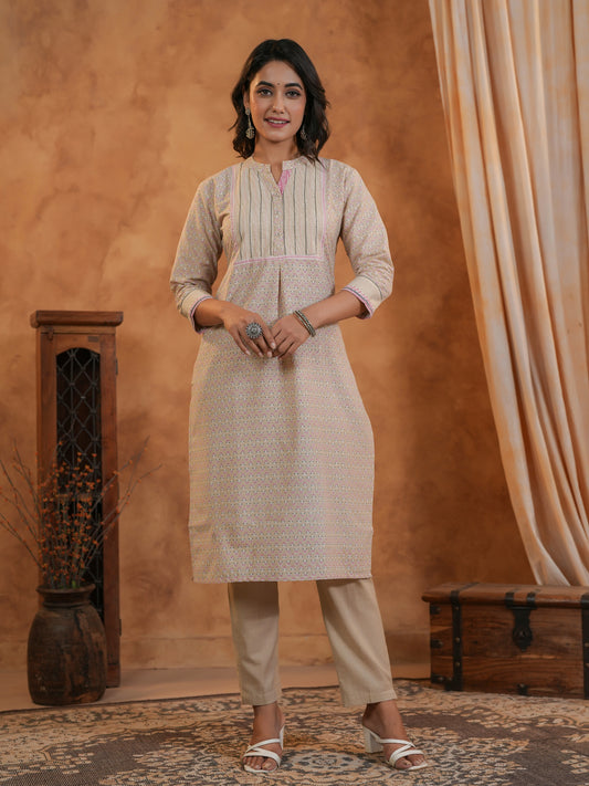 Span Beige Mandarin Neck Cotton Kurta