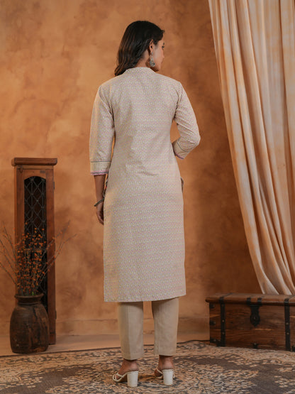 Span Beige Mandarin Neck Cotton Kurta