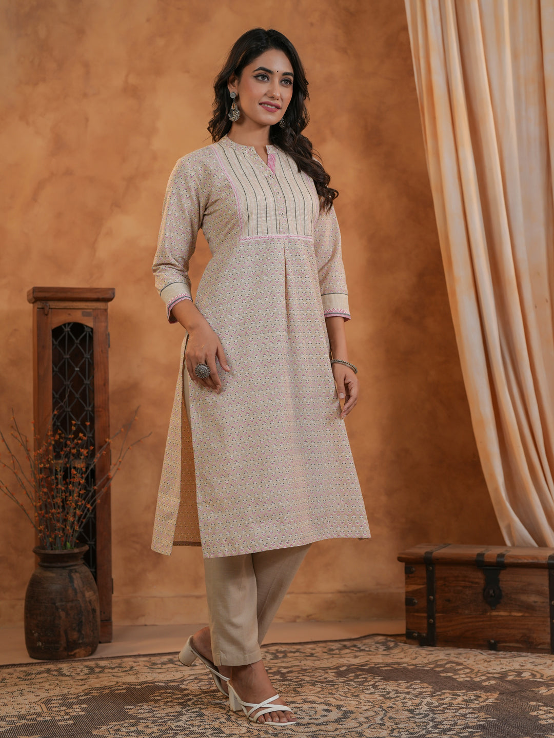 Span Beige Mandarin Neck Cotton Kurta