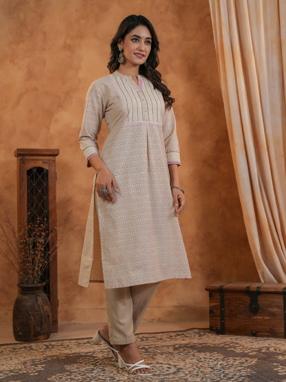 Span Beige Mandarin Neck Cotton Kurta