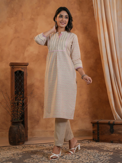 Span Beige Mandarin Neck Cotton Kurta