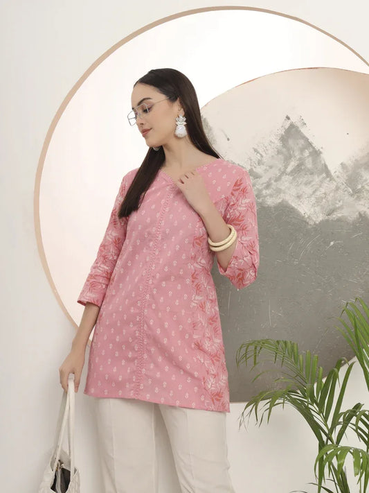 Span Pink Round Neck Cotton Short Kurta