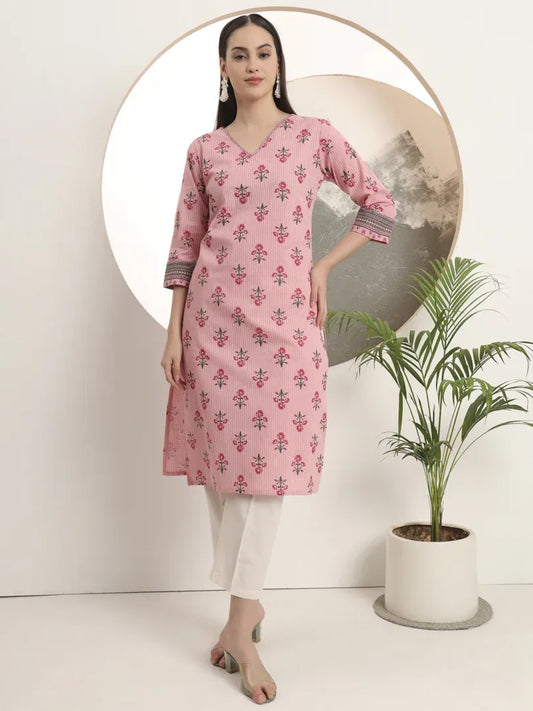 Span Pink V-Neck Cotton Kurta