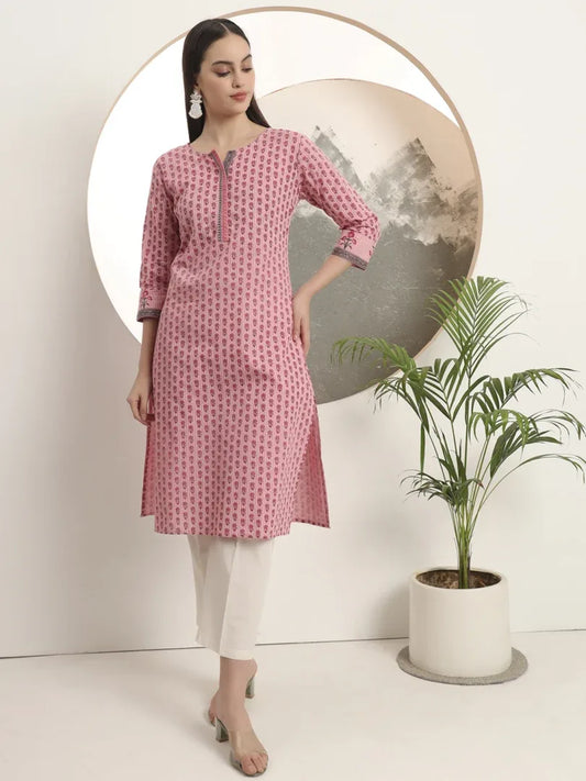 Span Pink Round Neck Cotton Kurta