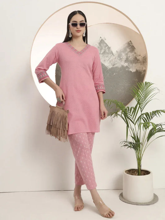 Span Pink V-Neck Cotton Co-Ord Set(Set of 2)