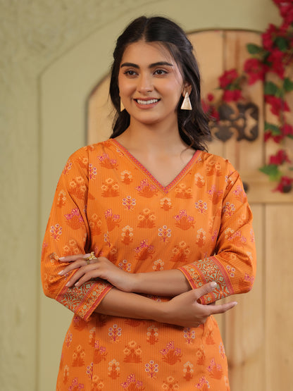 Span Orange V-Neck Rayon Casual Short Kurta